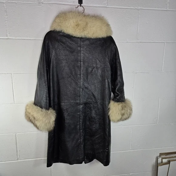 Vtg 60s Black Leather Fur Collar Cuffs Penny Lane Coat - Picture 12 of 13